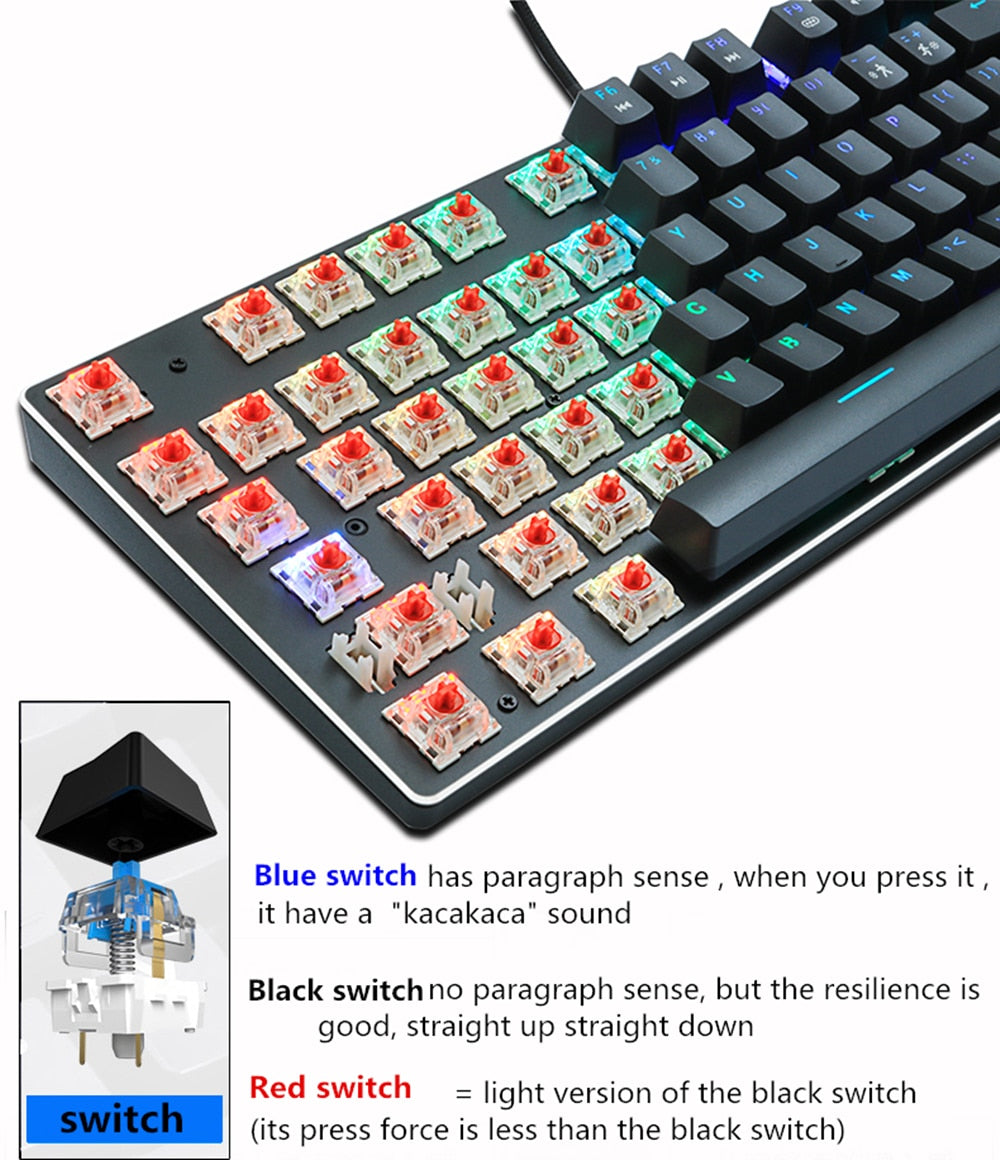 Gaming Mechanical Keyboard Blue Red Switch 87key Anti-ghosting RGB/Mix Backlit LED USB RU/US Wired Keyboard For Gamer PC Laptop