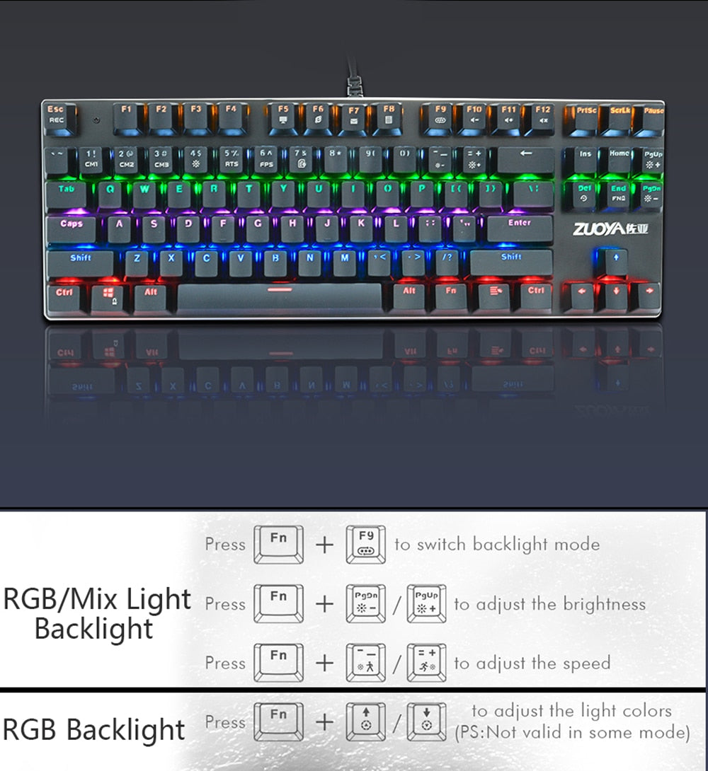 Gaming Mechanical Keyboard Blue Red Switch 87key Anti-ghosting RGB/Mix Backlit LED USB RU/US Wired Keyboard For Gamer PC Laptop