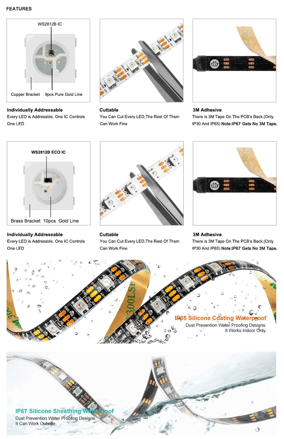 Led Strip 30/60/74/96/100/144 pixels/leds/m WS2812 Smart RGB Led Light Strip Black/White PCB IP30/65/67 DC5V