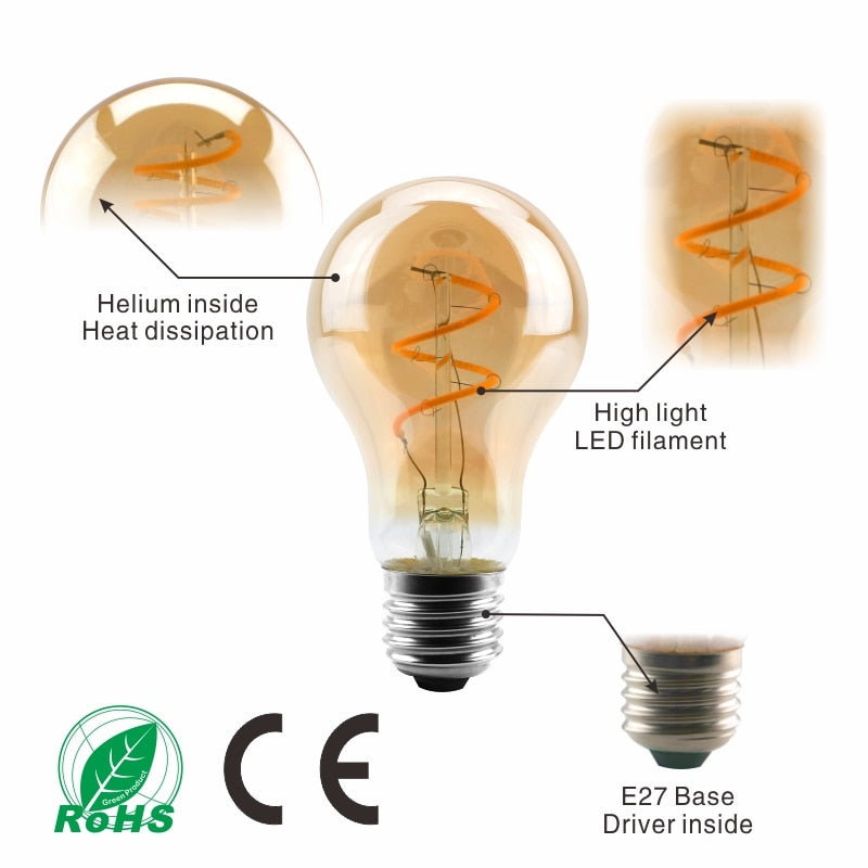 Dimmable Edison Lamp 4W 2200K C35 T45 A60 ST64 G80 G95 G125 Spiral Light LED Filament Bulb Retro Lamp Decorative Lighting