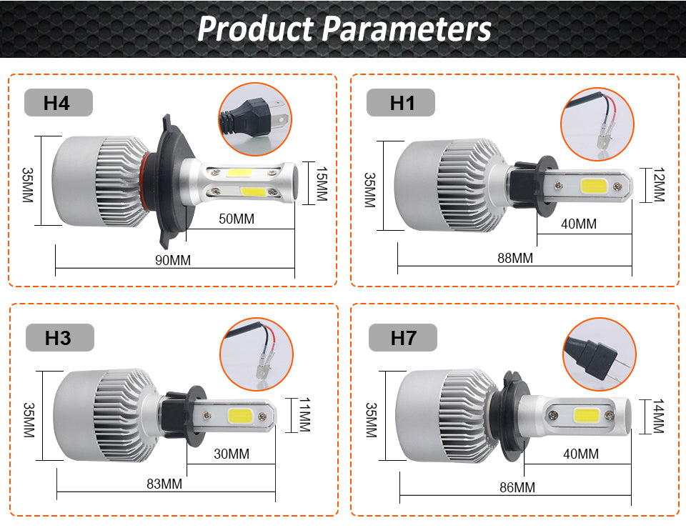 LED 4300K S2 H4 H7 H1 COB LED Headlight Bulbs H11 H13 12V 9005 9006 H3 9004 9007 9012 72W 8000LM Car LED lamp 3000K 8000K 6500K