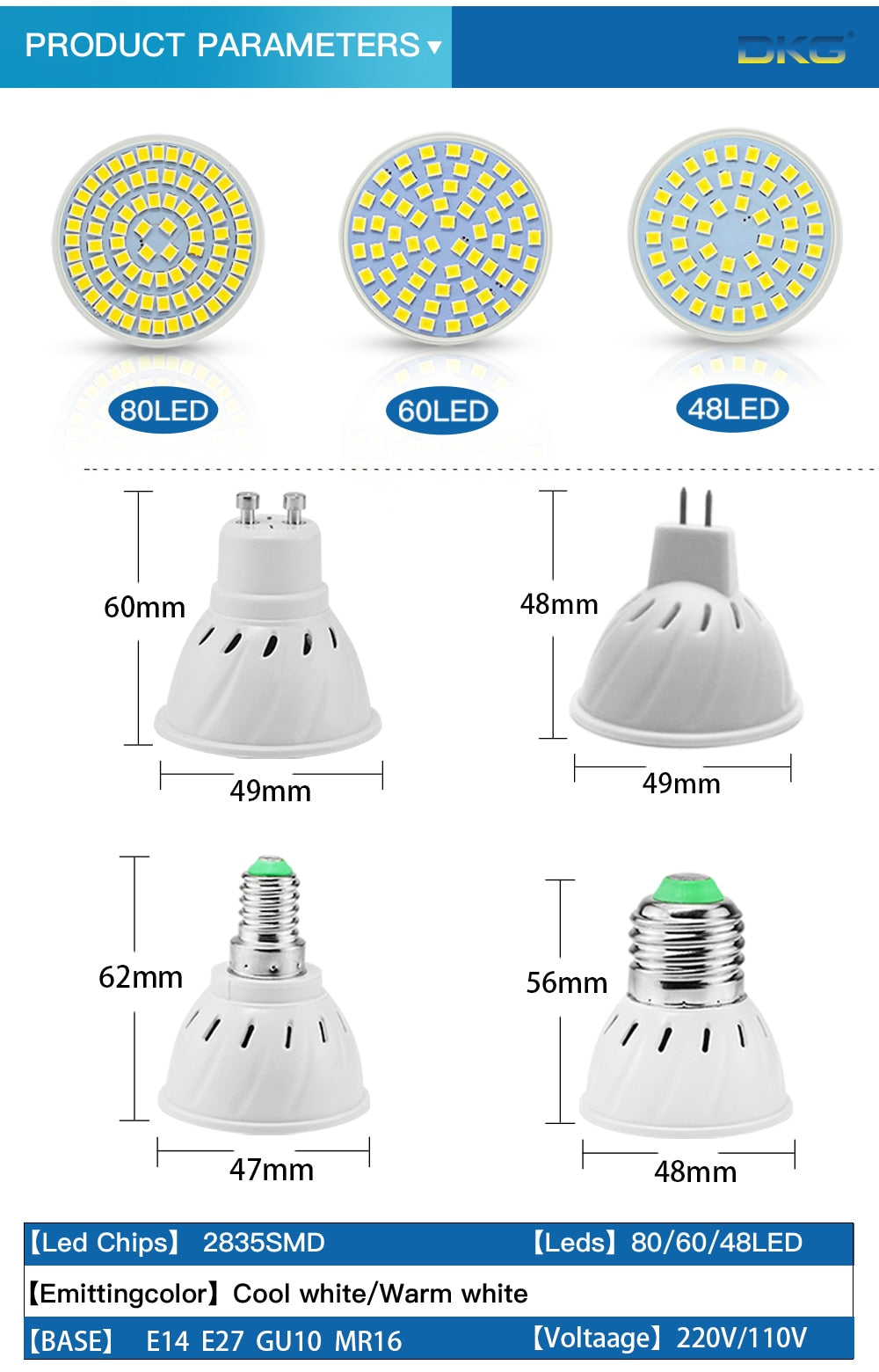 Led Spotlight Bulb E27 E14 GU10 MR16 Led Lamp 110V 220V 48 60 80 LEDs 2835 SMD Energy Saving Bombillas Lampada for Home Lighting