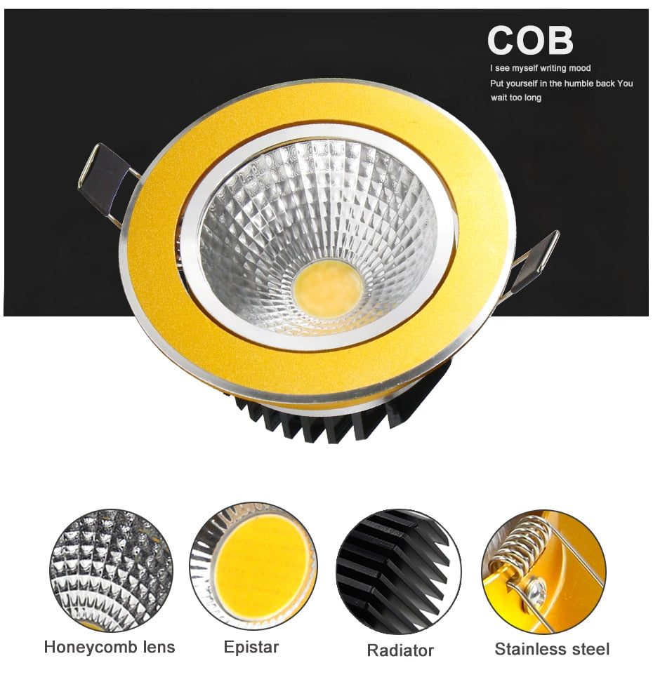 DBF Super Bright Recessed Gold LED Dimmable Downlight COB 5W 7W 10W 12W LED Spot Light LED Decoration Ceiling Lamp AC 110V 220V