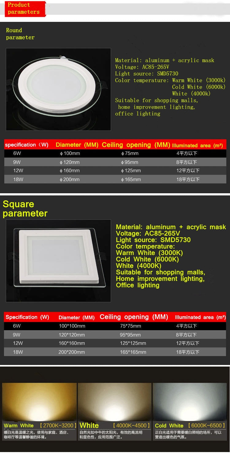 LED Panel Downlight 1PCS Dimmable Super Bright Glass Square round Ceiling Recessed Panel Lights LED Spot Light Bulb AC110V 220V