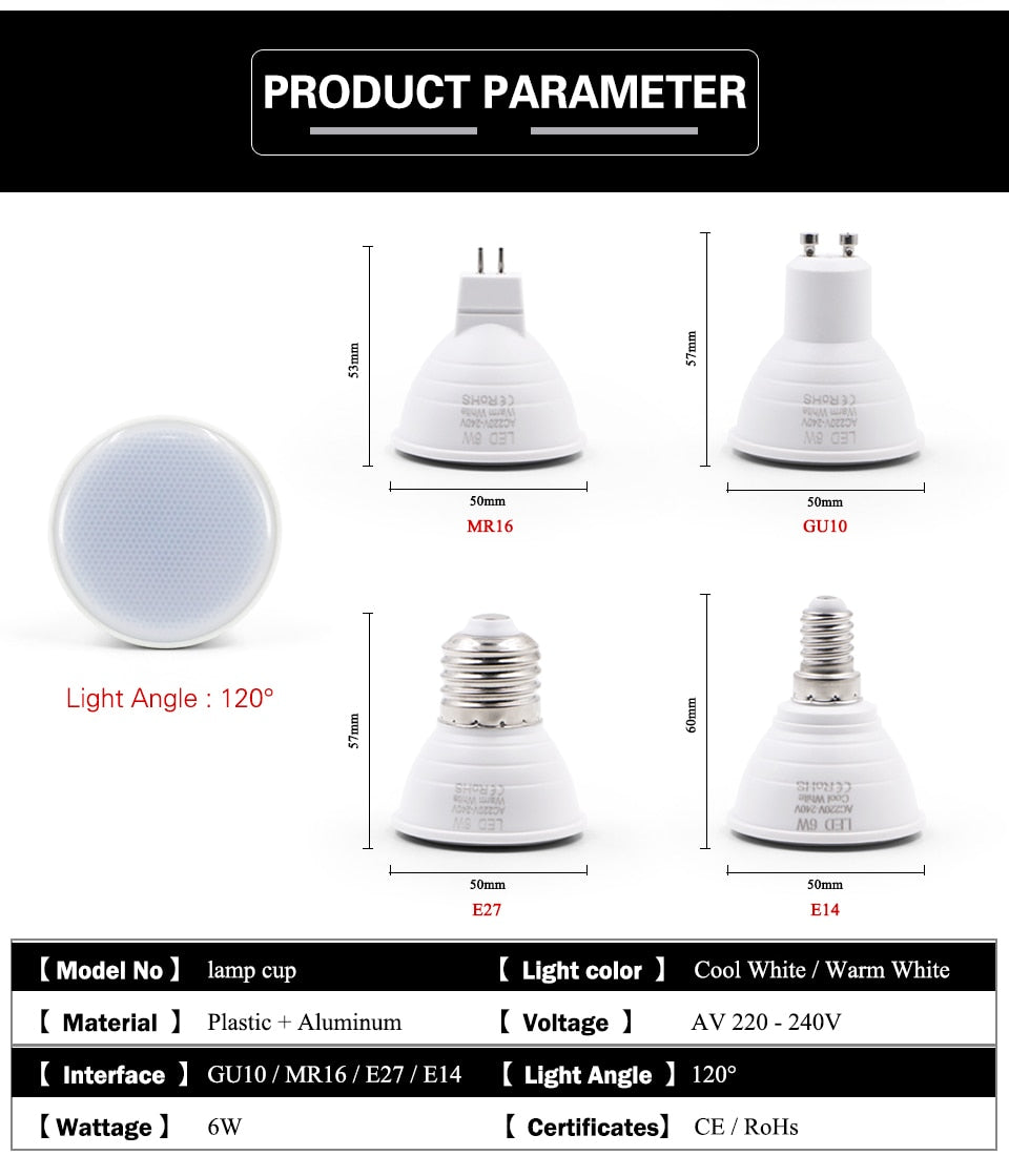 E27 E14 MR16 GU5.3 GU10 Lampada LED Bulb 6W 220V Bombillas LED Lamp Spotlight Lamparas Spot Light