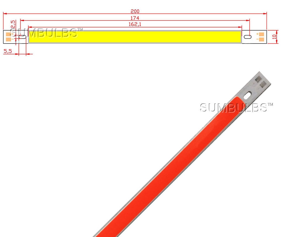 200x10MM 0422 10W LED Light COB Strip Lamp DC 12-14V 1000LM Green Yellow Red Blue Warm White Pure White Bar Light