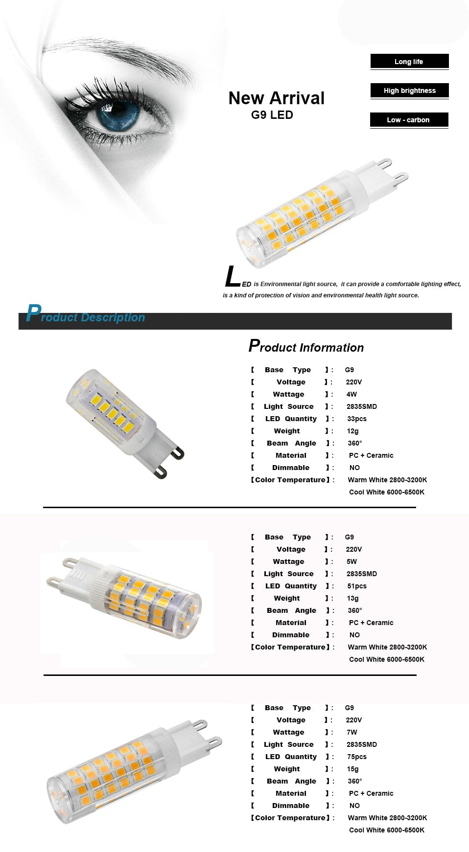 Super Bright G9 LED Lamp AC220V 4W 5W 7W Ceramic SMD2835 LED Bulb replace 30W 40W 50W Halogen light for Chandelier