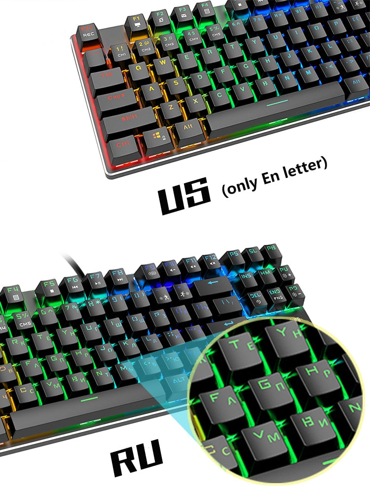 Gaming Mechanical Keyboard Blue Red Switch 87key Anti-ghosting RGB/Mix Backlit LED USB RU/US Wired Keyboard For Gamer PC Laptop