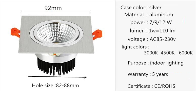 Super Bright LED Recessed Ceiling Lamp Square Downlight COB 7W 12W 24W 36W LED Spot light decoration led light AC 110V 220V