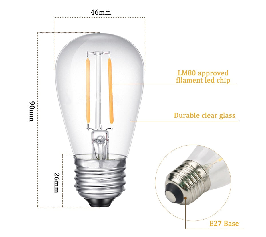 E27 LED Filament Bulb Light Retro Edison Transparent Housing Lamp 2W 110V/220V S14 led String replacement bulb home holiday deco