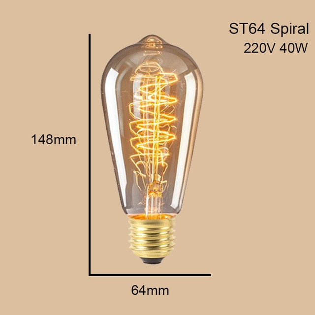 ST64 G95 G80 T30 Edison Incandescent Bulb Dimming 40W 220V E27 Vintage Light Retro Pendant Lamp Filament Spiral Industrial Decor