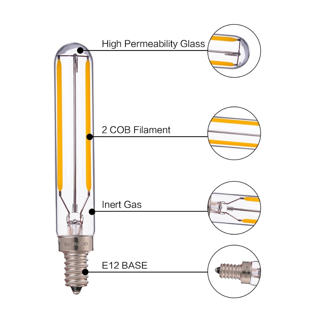 T20 T6 Tubular Lamp Retro LED Long Filament Bulbs 2W 2700K,E12 E14 110V 220VAC Chandelier Pendant Lighting Dimmable