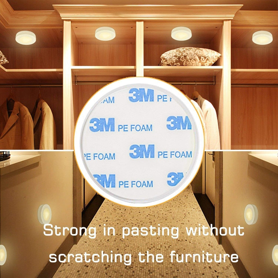 Touch Sensor LED Under Cabinets Lights Dimmable LED Puck Light For Kitchen Wardrobe Stair Closet Night Lamp Battery Powered