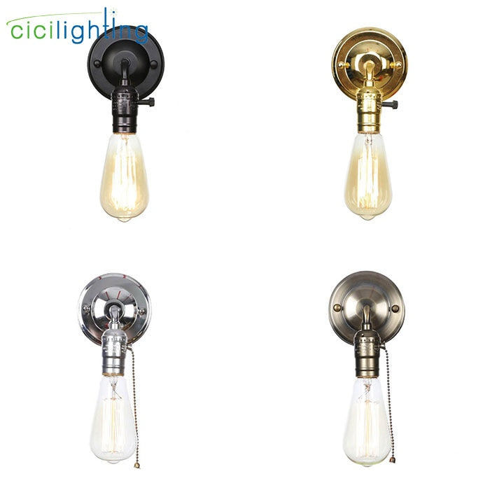 Pull chain switch scones led wall lights Chrome loft style retro vintage iron bedroom wall lamp bedside lampen stair wandlamp