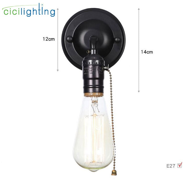 Pull chain switch scones led wall lights Chrome loft style retro vintage iron bedroom wall lamp bedside lampen stair wandlamp