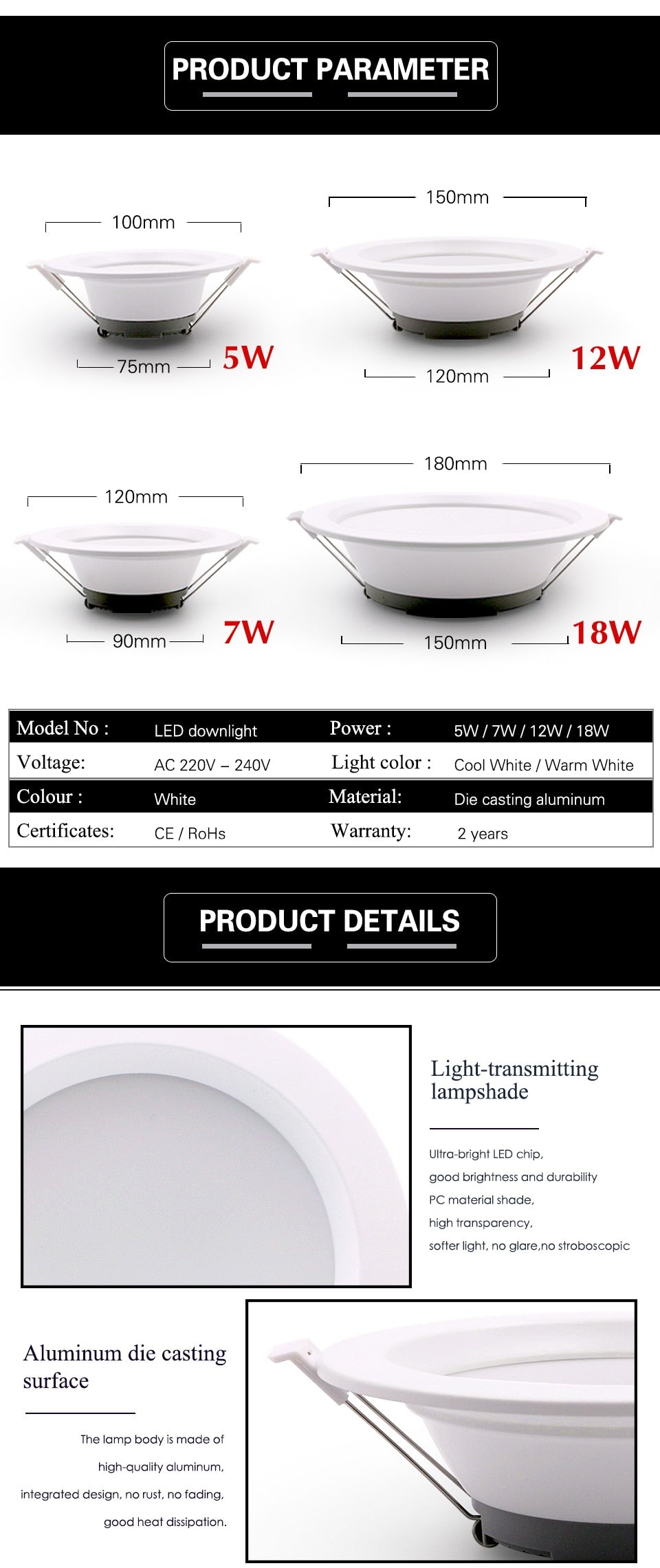 5W 7W 12W 18W LED downlight ceiling light AC 220V warm white/cool white no strobe indoor LED ceiling light