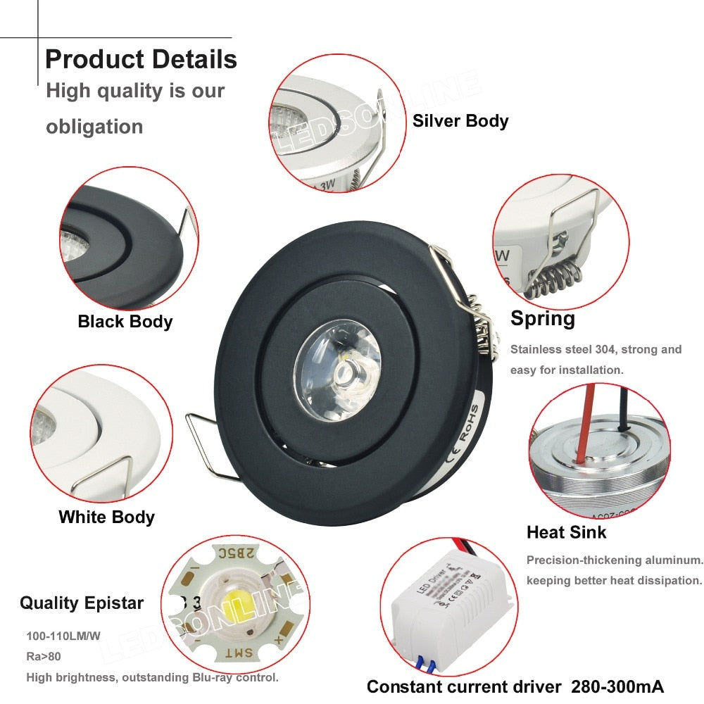 LED Downlights 10pcs 1W Mini led Downlight Cabinet Recessed Spot light led Driver Pure Nature Warm white and White Silver Black body AC85-265V