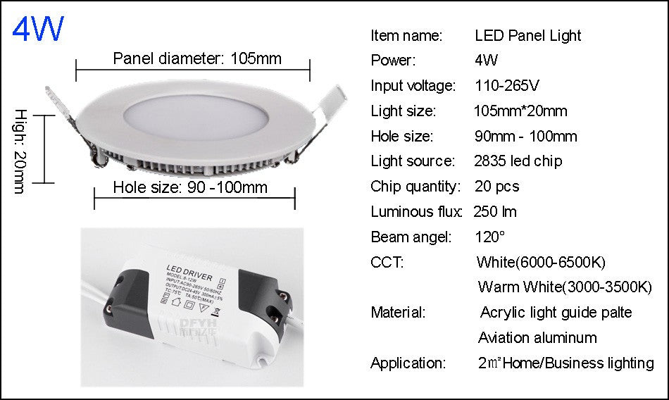 Led Panel Downlights 3W 4W 6W 9W 12W 15W 18W 24W Round/Square LED Ceiling Recessed Downlight White/Warm white