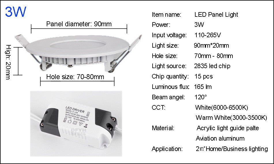 LED Ultra Thin Led Panel Downlight 3w 4w 6w 9w 12w 15w 18w Round Panel Ceiling Recessed Spot Light AC85-265V Painel lamp CE UL