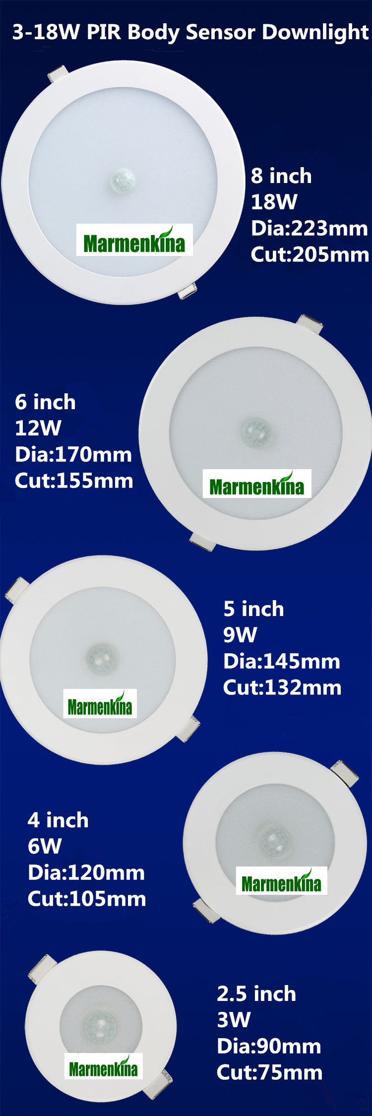 LED Recessed Ceiling Light PIR Infrared Motion sensor downlights Bulb 6W / 9W / 12W / 18W AC200-240V