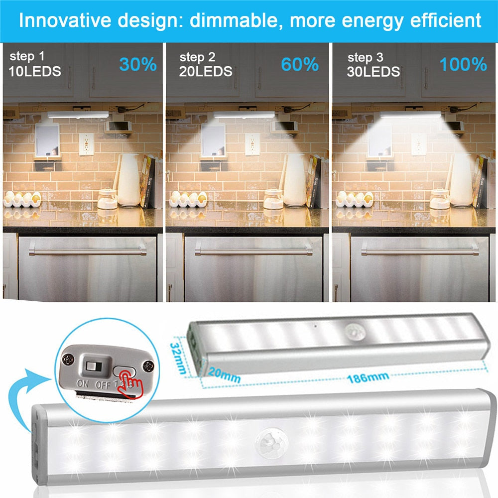 PIR Motion Sensor LED Light USB Wireless LED Kitchen/Wall Lamp 3 Mode Brightness Level 30 LED Closet/Wardrobe/Under Cabinet Light