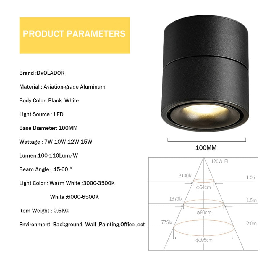 LED Surface Ceiling Light 7W 12W 15W Ceiling Lamp 220V 110V ,Foldable and Rotatable COB Spot light for Home Decor