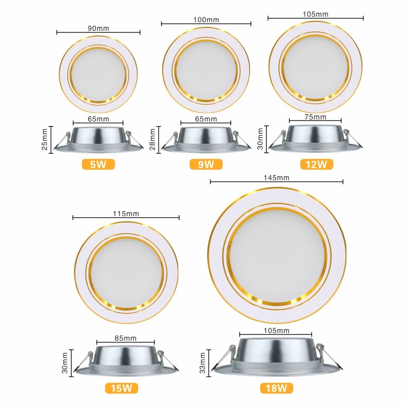 Ultra Bright Round LED Downlight 5W 7W 9W 12W 15W 18W Gold Ultra Thin Aluminum AC220V LED Down Light Ceiling Recessed Spot Light