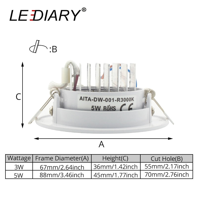 LEDIARY COB LED Downlights Real 3W 5W 110V-240V White Ceiling Spot Lamp 2.2 Inch 55mm 70mm Cut Hole No Flicker Lighting Fixtures