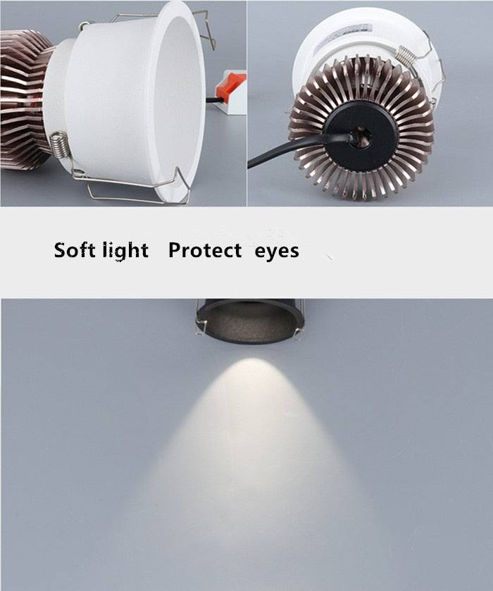 Dimmable Embedded Anti-Glare COB Ceiling Recessed Downlight 5w 10w 12w 20w 30w AC85-265V Wall Wash Light LED Lamp