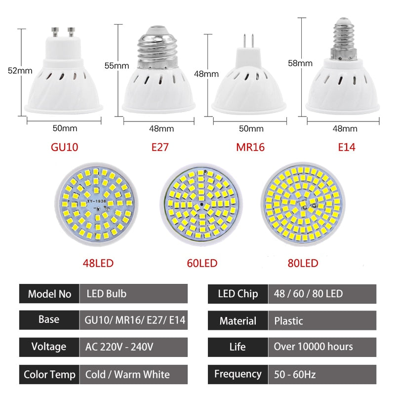 KARWEN Lampada LED Lamp bulb GU10 MR16 6W LED spotlight E27 E14 220V LED Downlight 48 60 80L Lampara LED light bulb for Bedroom
