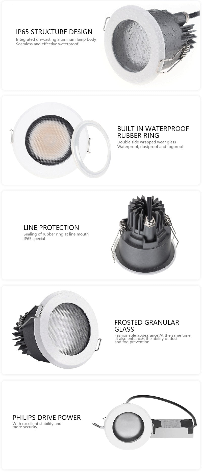 Deep Anti-Glare LED 12W Recessed Dimmable Downlight IP65 Waterproof Anti-Fog Bathroom Kitchen Home Recessed Spotlight 75-80mm