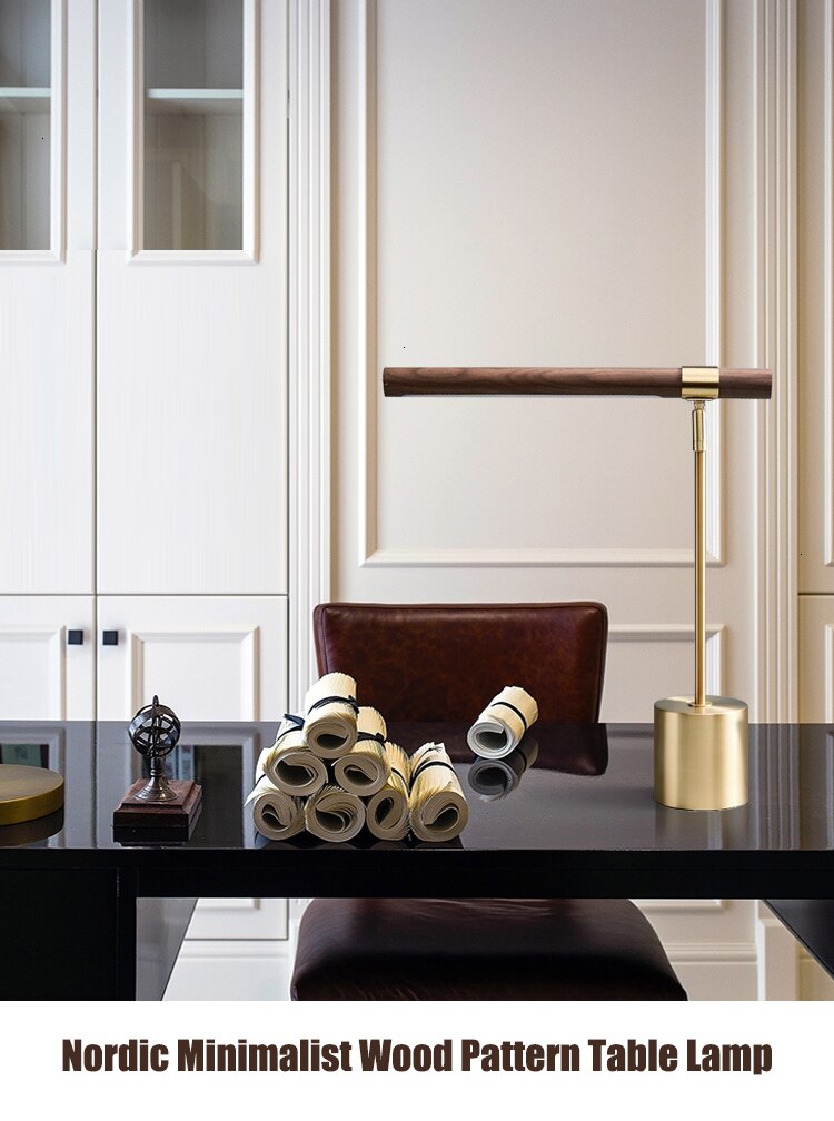 Modern LED Wood Grain Table Lamp Creative Nordic Bedroom Study Computer Table Bedside Copper Lamp Luxury Model Room Home Decoration