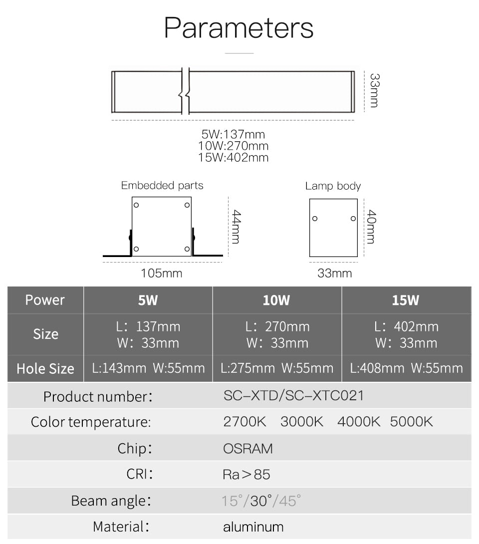 LED Downlights 5W 10W 15W Frameless Ceiling Embedded Pure Aluminum Profile Linear flush mounting Downlight Recessed Focus Dimming led Bar Light