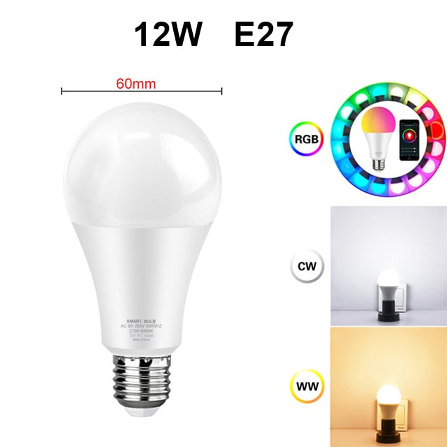Tuya 12W 15W Wi-Fi Smart Light Bulb, E27 RGB LED Lamp Dimmable with Smart Life APP, Voice Control for Google Home, Alexa