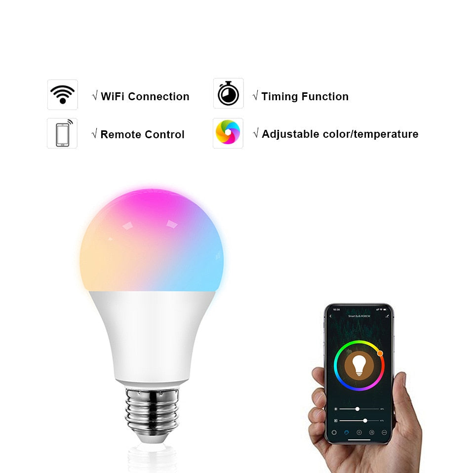 Tuya 12W 15W Wi-Fi Smart Light Bulb, E27 RGB LED Lamp Dimmable with Smart Life APP, Voice Control for Google Home, Alexa