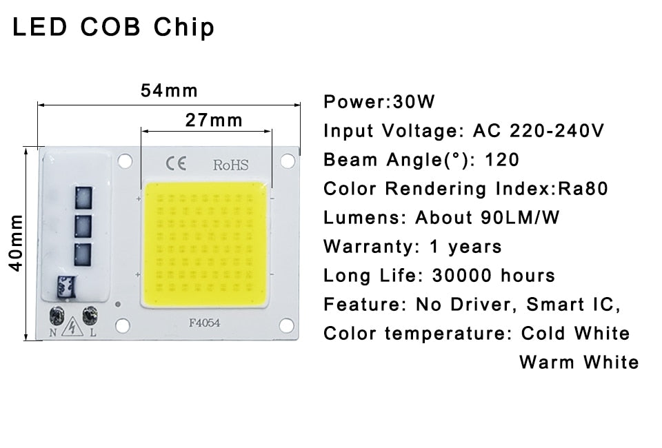 COB LED Lamp Chip AC 220V LED Bulb 10W 20W 30W 50W IP65 High Power Smart IC DIY Flood light Bulb Spotlight Outdoor Chip Lamp