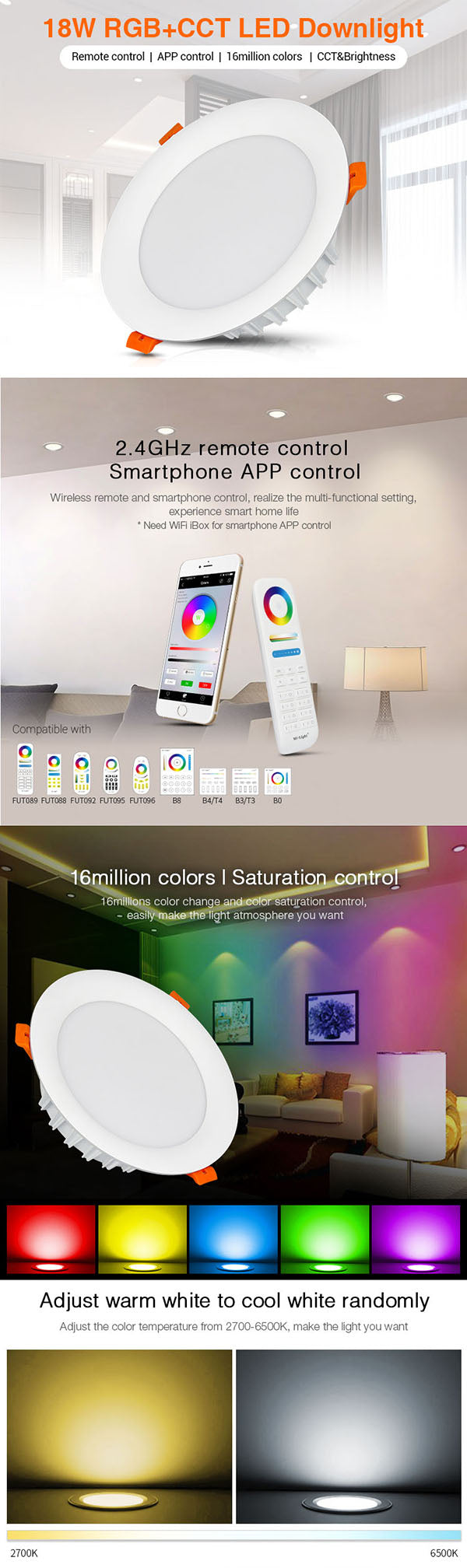 MiBOXER 6W/9W/12W/15W/18W RGB+CCT LED Downlight AC110V 220V Dimmable FUT061/FUT063/FUT066/FUT068/FUT069