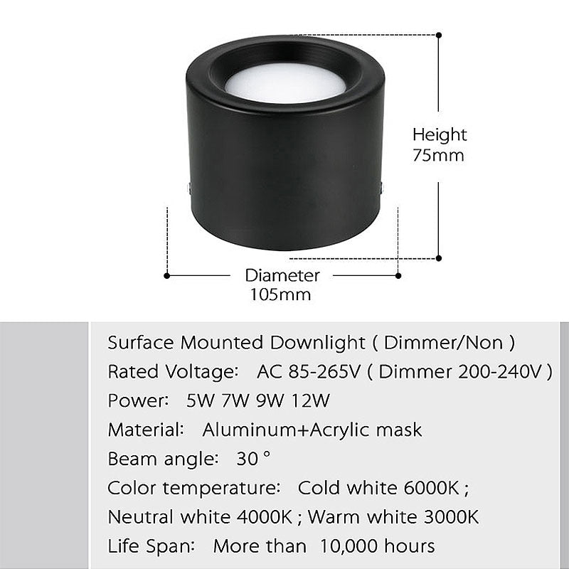 Round Surface Mounted LED Downlights 5W 7W 9W 12W Mounted Ceiling Lamps Spot Light 220V 110V Down Light black / white body