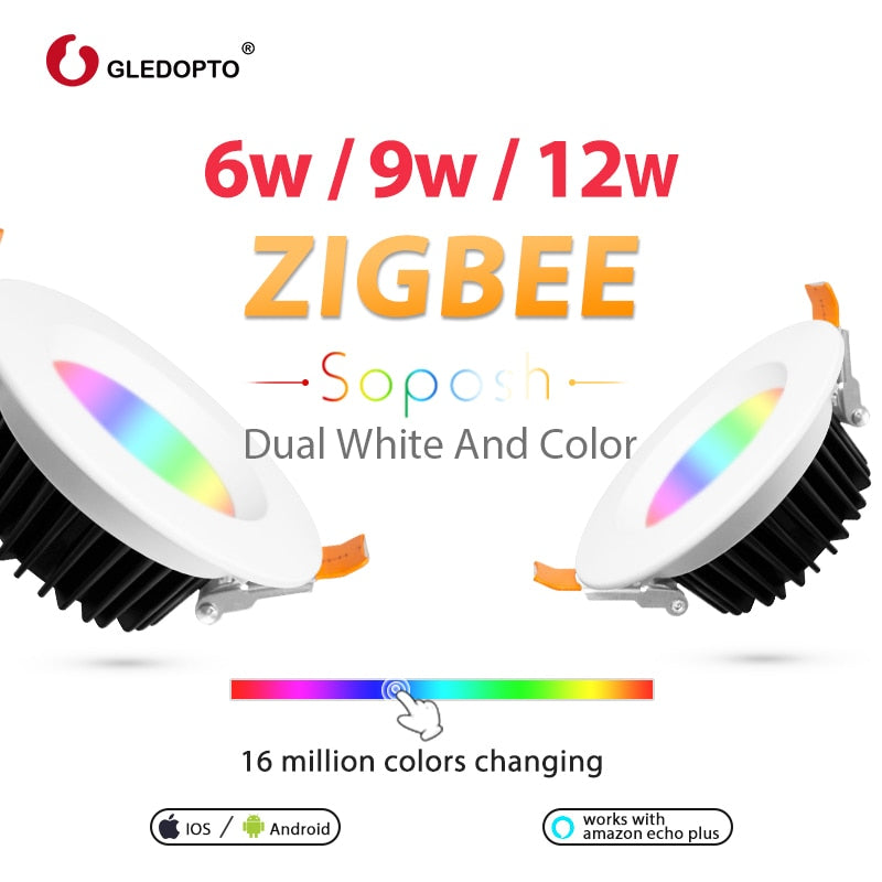 GLEDOPTO Zigbee ZLL 6W/9W/12W RGB+CCT LED Ceiling Light Smart Home Waterproof Remote Control Downlight work with Alexa Echo Plus