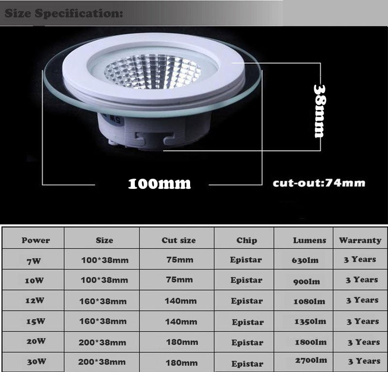 LED Downlight COB Dimmable 7W 10W 12W 15W 20W 30W LED COB Panel Light AC85-265V Recessed COB Downlight Glass Cover LED Spot bulb