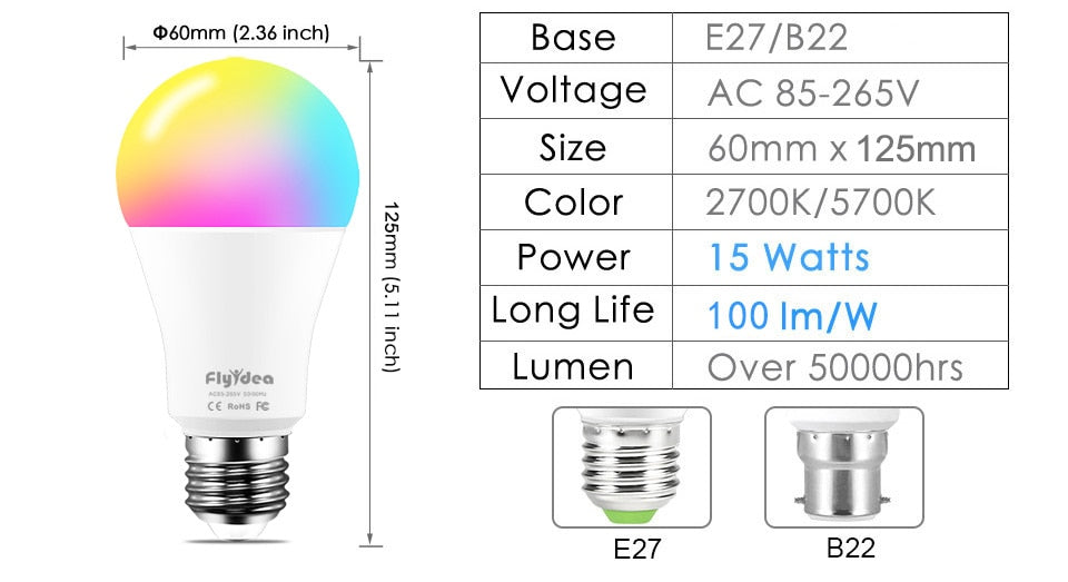 Smart Bulb 15W Color Wi Fi Light RGB E27 LED Lamp 220V 110V Alexa Google Home Assistant Siri Voice Control Dimmable