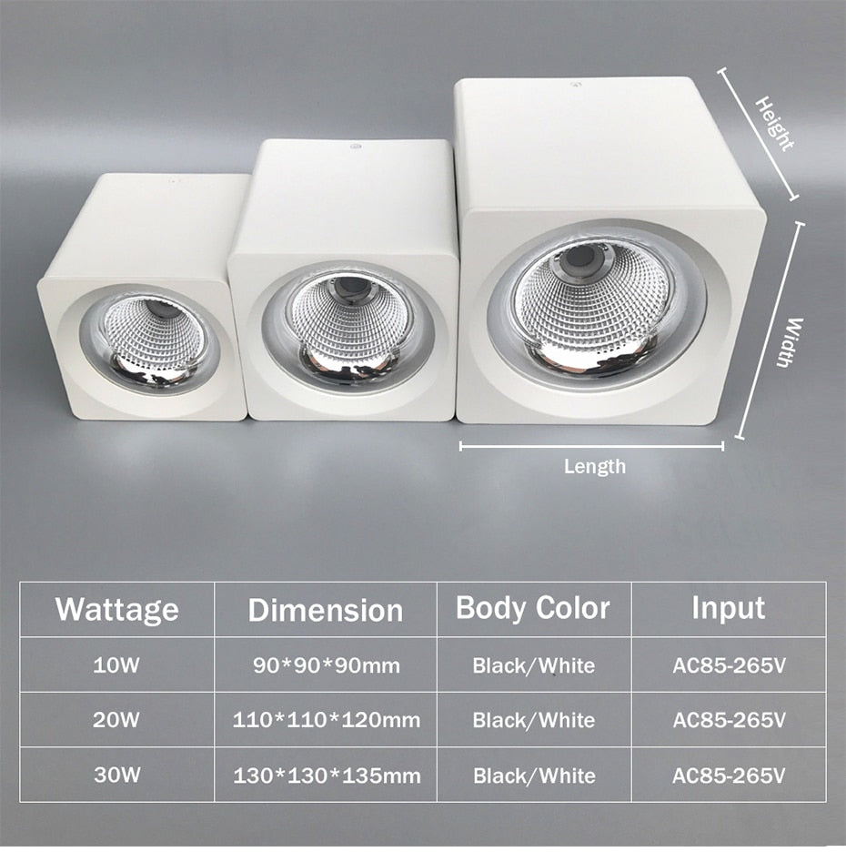 DBF Square White/Black No-Cut Surface Mounted Downlight High Power 10W 20W 30W Ceiling Spot Light 3000K/4000K/6000K AC110V 220V