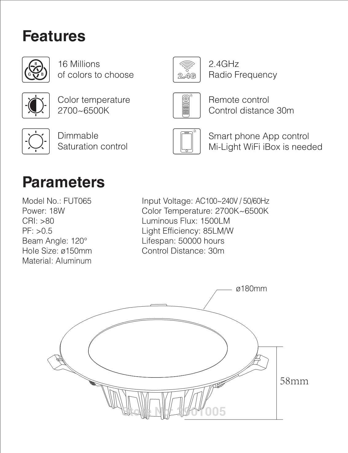LED light Downlight dimmable smart Indoor living room light AC220V 18W RGB+CCT can Mobile phone/2.4G remote/wifi/voice control