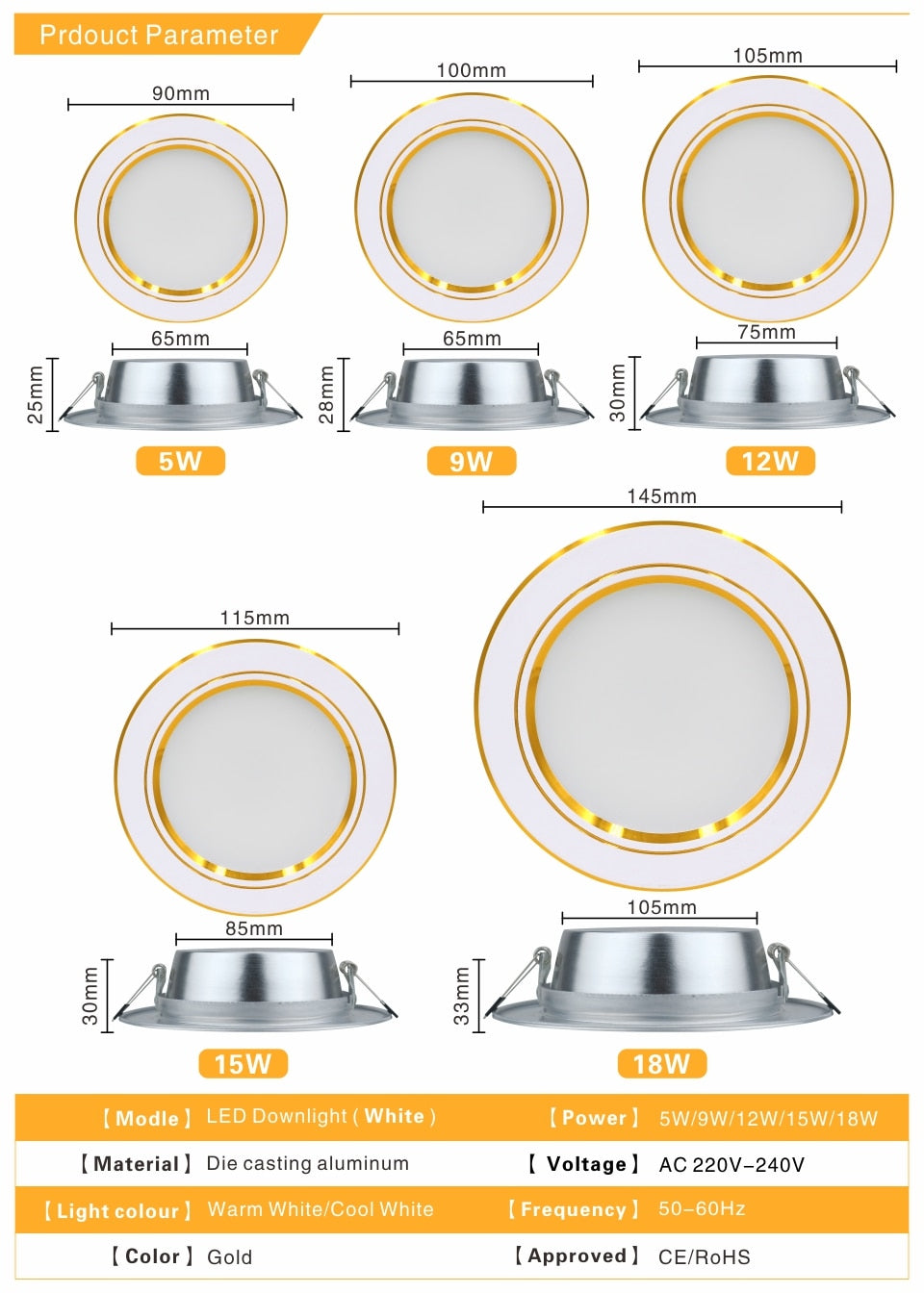 Ultra Bright Round LED Downlight 5W 7W 9W 12W 15W 18W Gold Ultra Thin Aluminum AC220V LED Down Light Ceiling Recessed Spot Light