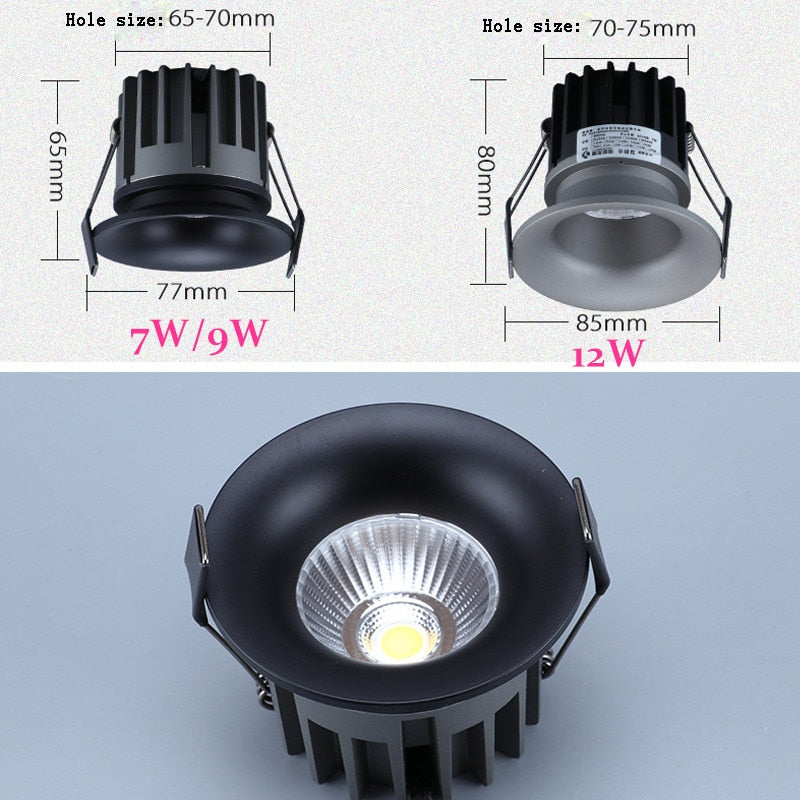 Super Bright Recessed LED Downlight COB Dimmable 7W 9W 12W LED Ceiling Spot Lights AC110-220V LED Ceiling Lamp with 3 colors