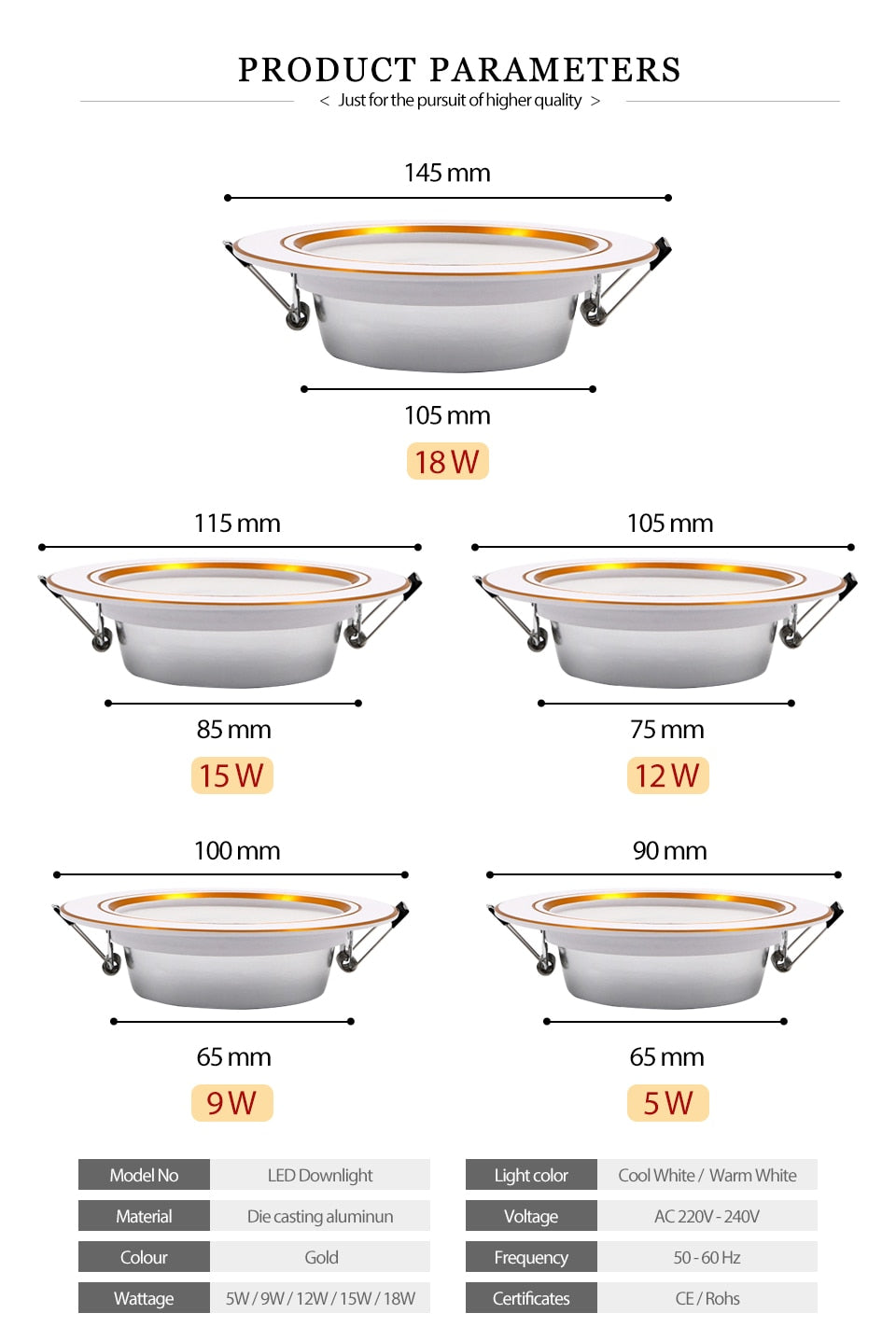 KARWEN LED Downlight AC 220V 230V 240V Ceiling light 5W 9W 12W 15W 18W Gold Body Led spotlight for living room