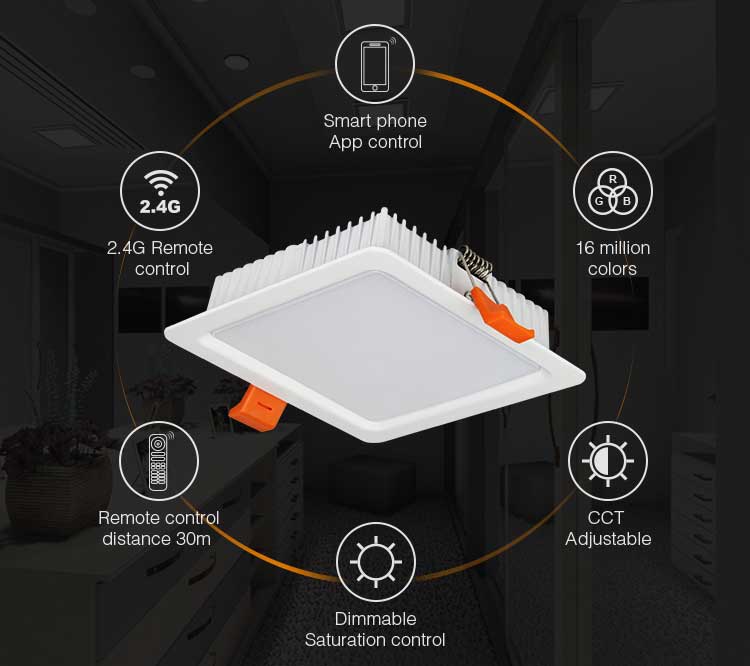 Milight 2.4G wireless remote panel control 9W RGB+CCT Square LED Downlight AC100~240V 50/60Hz use with smartphone APP wifi