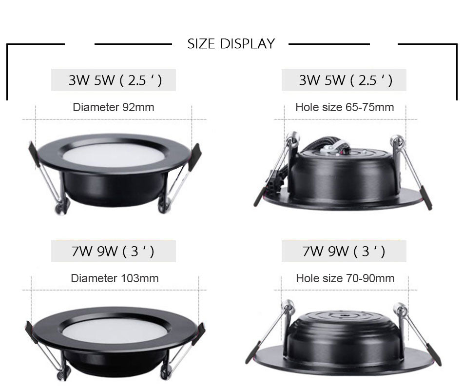Ultra Bright Round black LED Downlight 3W 5W 7W 9W 12W 15W Aluminum AC110V 220V LED Down Light Red blue green Recessed Spot