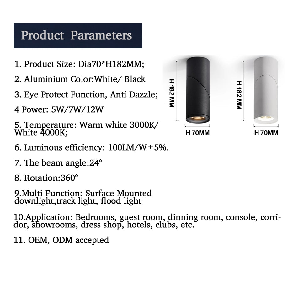 LED Ceiling Spotlight Surface Mounted Downlight 5W 7W 12W White/Black for Living Home Commercial Lighting New Design