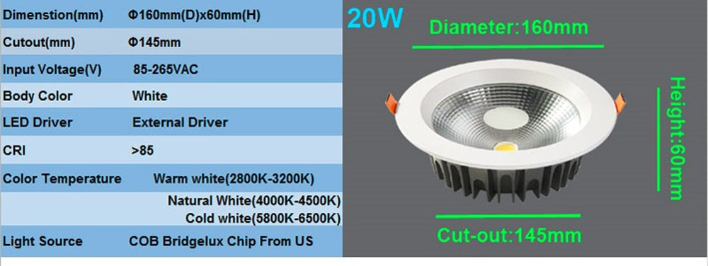 Downlight LED 7W 12W 20W 30W 40W 85-265V Dimmable LED Recessed COB Ceiling Down Lights Bathroom Kitchen Spot Lighting